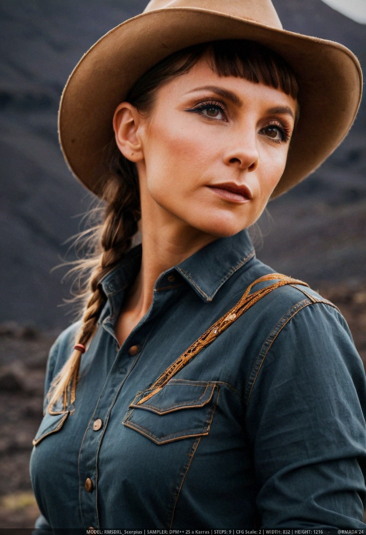 + woman posing, in the realm of the volcanic island, cowboy shooting view, nature, natural light highlighting the face, sh...
